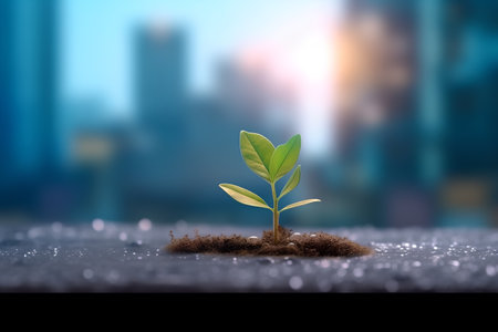 Green sprout growing from soil on blurred city background. Ecology conceptの素材