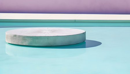 3d rendering of a round stone podium in a swimming pool.の素材