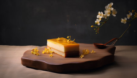 Piece of orange cake on a wooden board with yellow flowers. Dark background.の素材