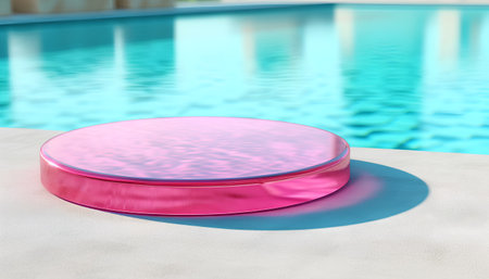 pink round podium on the background of the pool. 3d renderingの素材