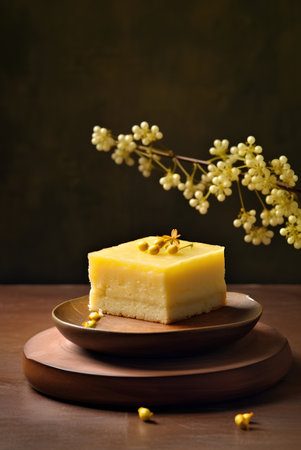 A piece of yellow cheesecake on a wooden background. Selective focus.の素材