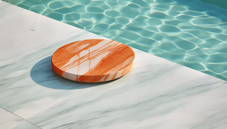 3d rendering of a stone podium on a swimming pool background.の素材
