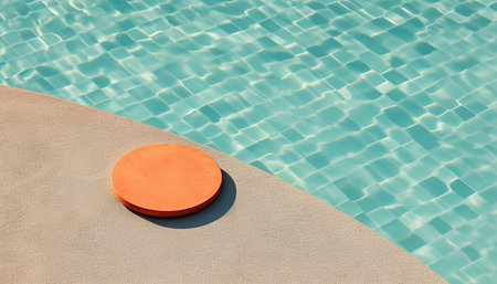 Round orange podium on the edge of a swimming pool with clear waterの素材
