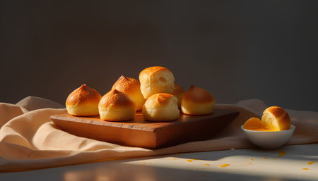 Bread buns on a wooden plate on a gray background.の素材
