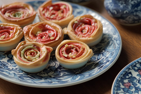 Cupcakes with cream and rose on a plate. Selective focus.の素材