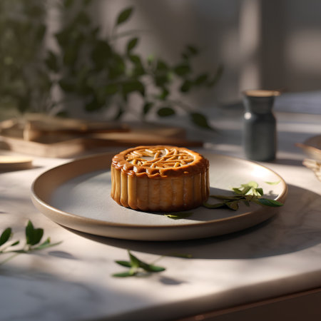 Moon cake on plate on table in morning sunlight. Chinese mid autumn festival food.の素材