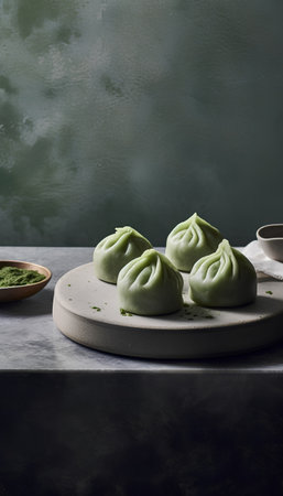 Steamed dumpling buns with green teale boardの素材