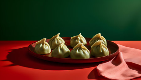 Chinese dumplings in a plate on a red and green backgroundの素材