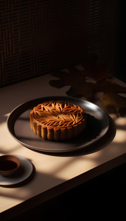 Moon cake on a black plate with a cup of coffee on a wooden tableの素材