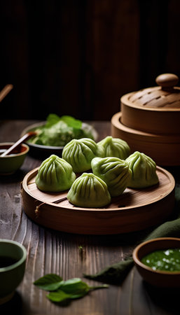 Steamed dumplings stuffed with minced pork, served with green tea.の素材