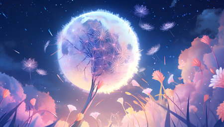 Dandelion flower on the background of the planet. 3d renderingの素材