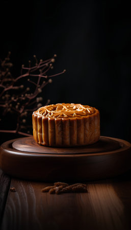 Moon cake on a wooden plate on a dark background. Copy space.の素材