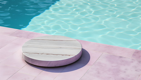 3d render of white marble podium on the swimming pool background.の素材