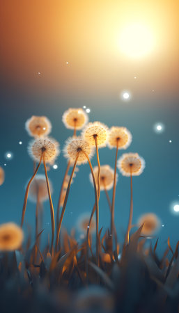 Beautiful dandelion flowers on blue sky background. 3d renderingの素材