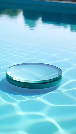 Empty round podium in swimming pool with blue water. 3d renderの素材