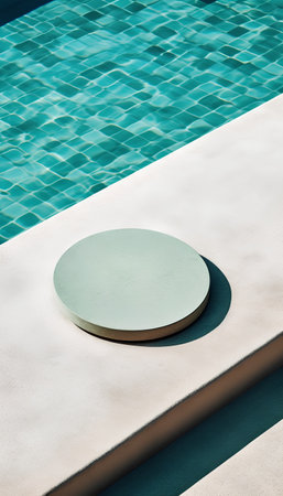 Empty round podium in swimming pool with turquoise water. 3d renderの素材