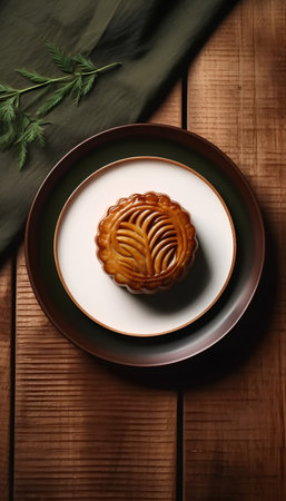 Moon cake on a brown plate on a wooden table, top viewの素材