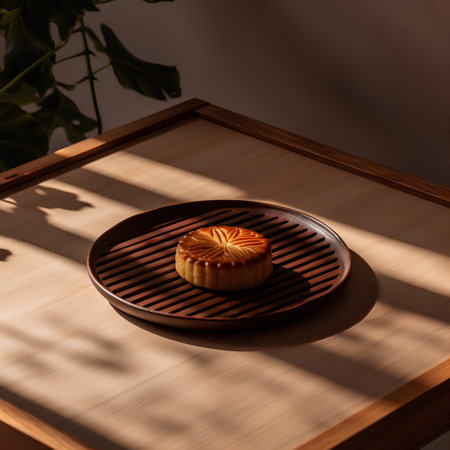Moon cake on wooden plate on table in morning light, top viewの素材