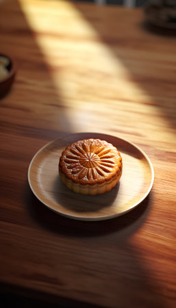 Moon cake on wooden table with sunlight. Traditional chinese dessert.の素材