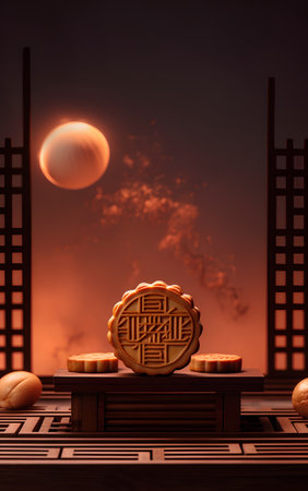 Moon cake and mooncake on wooden table. 3D Renderingの素材