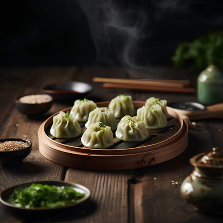 Steamed dumplings on a wooden plate, selective focus.の素材