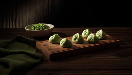 Steamed dumplings with green chutney on wooden backgroundの素材