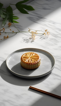 Moon cake on white plate with shadow on white marble background. Mid-autumn festival food.の素材