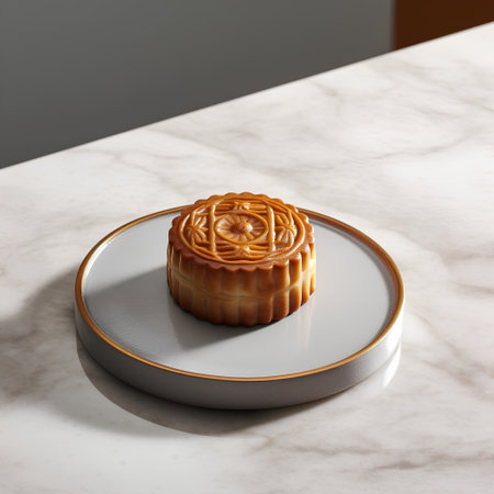 Mooncake on round plate on white marble background. 3d renderingの素材