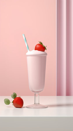 Strawberry milkshake in a glass on a pink background. 3d illustrationの素材