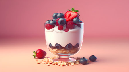 Healthy breakfast with yogurt, berries and granola. 3d renderingの素材