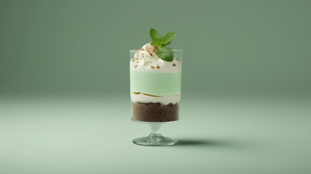 Classic tiramisu dessert in a glass with mint leaves, 3d renderの素材