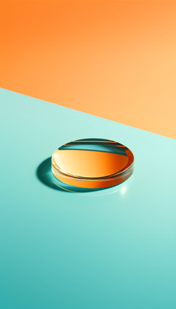 3d render of golden podium on blue and orange background. Minimal concept.の素材