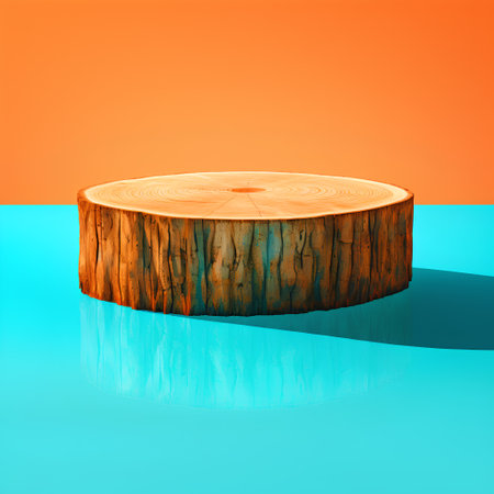 Wooden round podium on a blue and orange background. 3d renderの素材