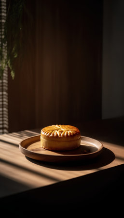 Moon cake on wooden plate with shadow on the wall in the morning.の素材