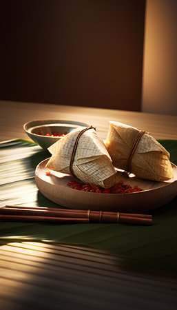 Dragon Boat Festival Dragon Boat Festival rice dumplings on wooden plateの素材