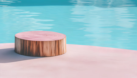 Wooden podium on sand near swimming pool. 3d rendering.の素材