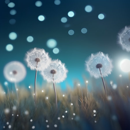 Dandelion flower in the grass with bokeh lights backgroundの素材