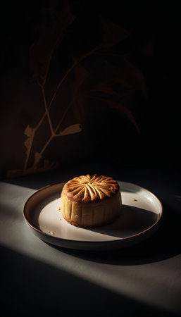 Moon cake on a white plate on a dark background. Dark moody lighting.の素材