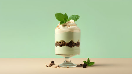 Classic tiramisu dessert in a glass with mint leaves and chocolate on pastel green background.の素材