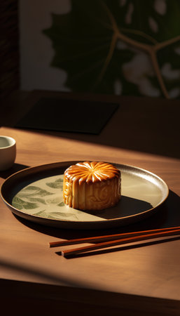 Moon cake on a plate with chopsticks and soy sauce in the backgroundの素材