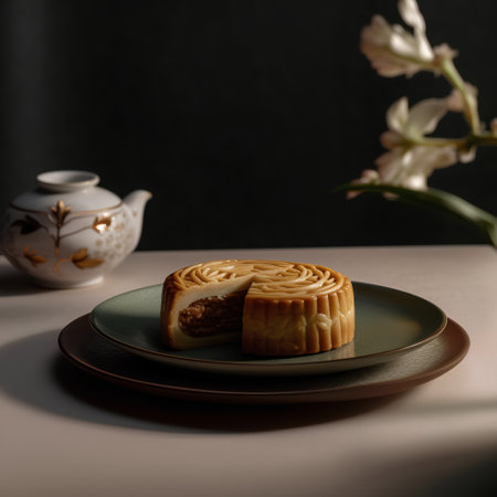 Moon cake on black plate and white orchid on the table.の素材