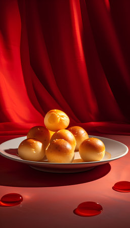 Sweet buns on a white plate on a red background. Copy space.の素材