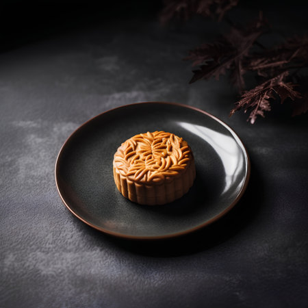 Moon cake on black background, Chinese mid autumn festival food concept.の素材