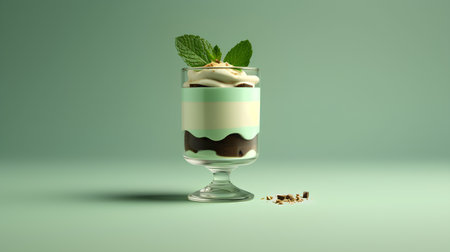 Classic tiramisu dessert in a glass on a green background. 3d renderingの素材
