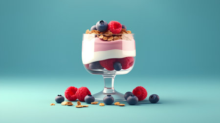 Dessert with yogurt, berries and granola in glass on blue backgroundの素材