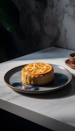 Moon cake on black plate on white table with green plant in the background.の素材