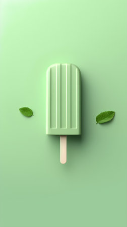 Green ice cream with mint leaves on green background. Minimal summer concept. Flat lay, top view.の素材