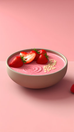 Strawberry smoothie in bowl on pink background. 3d illustrationの素材