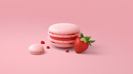 Pink macaroon with strawberry on pink background. 3d illustration.の素材