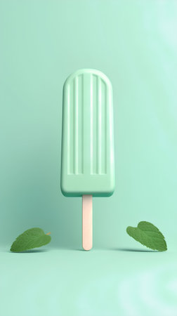 Ice cream with mint leaves on mint background. Minimal summer concept. 3D Renderingの素材